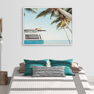 Surfplanken op Retro Busje Kust Muur Kunst Poster