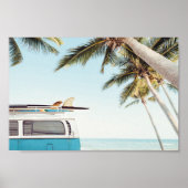 Surfplanken op Retro Busje Kust Muur Kunst Poster (Voorkant)