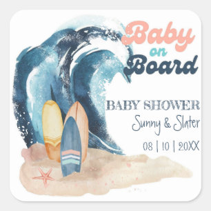 Surf's Up Baby On Board Beach Baby Shower Vierkante Sticker