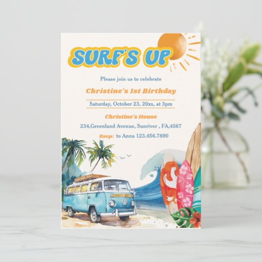 Surfs Up Beach 1e verjaardag uitnodiging (Staand voorkant)