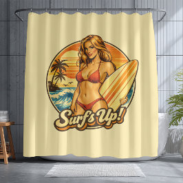 Surf's Up Bikini Pin-Up | Retro Surf Shop Graphic Douchegordijn