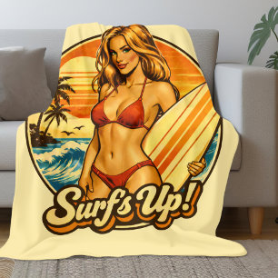 Surf's Up Bikini Pin-Up Retro Surf Winkel Grafis Fleece Deken