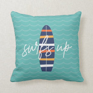 Surfs Up blauwe surfplank en golven Worpkussen Kussen