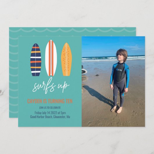 Surfs Up BOY Surfboard strand Verjaardag Party fot Kaart (Voorkant / Achterkant)