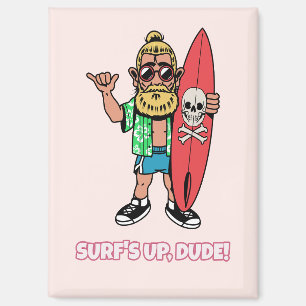 Surf's Up Dude Baardige Cartoon Surfer Magneet