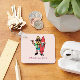 Surf's Up Dude Baardige Cartoon Surfer Sleutelhanger
