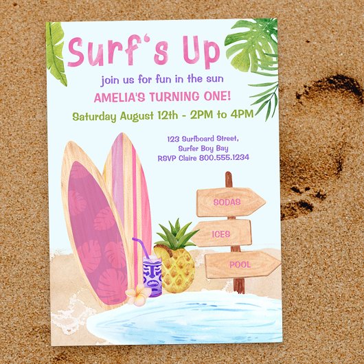 Surfs Up Eerste Verjaardagsfeest Meisjes Uitnodigi Kaart