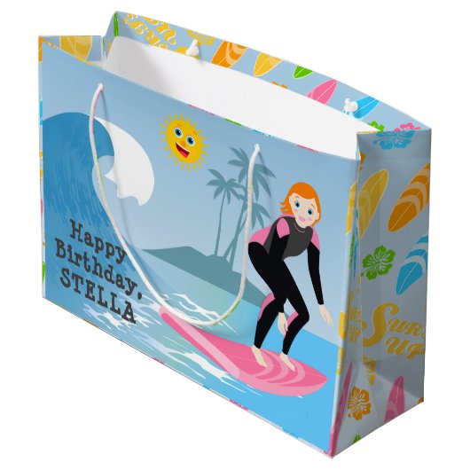 Surf's up Girly Verjaardagsfeestje Groot Cadeauzakje (Achterkant Gekanteld)