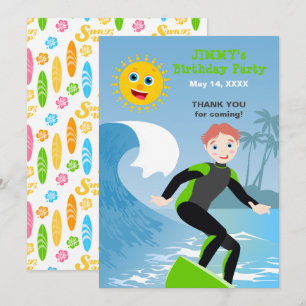 Surf's up jongens verjaardagsfeestje bedankkaart