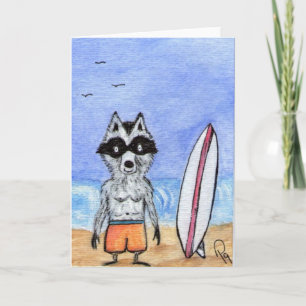 Surf's Up! Raccoon with Surf Board Note Card Kaart