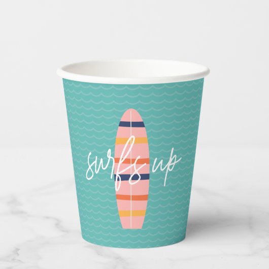 Surfs Up Roze surfplank en golven Verjaardagsfeest Papieren Bekers (Voorkant)
