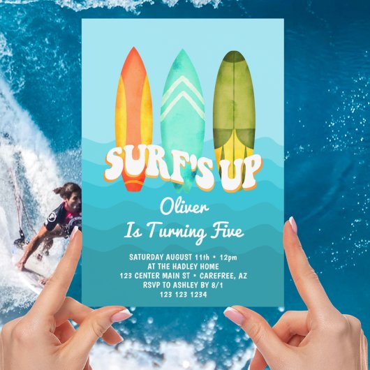 Surfs Up Surfboard Jongen 5e Verjaardag Kaart