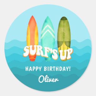 Surfs Up Surfboard Kids Verjaardagssticker Ronde Sticker