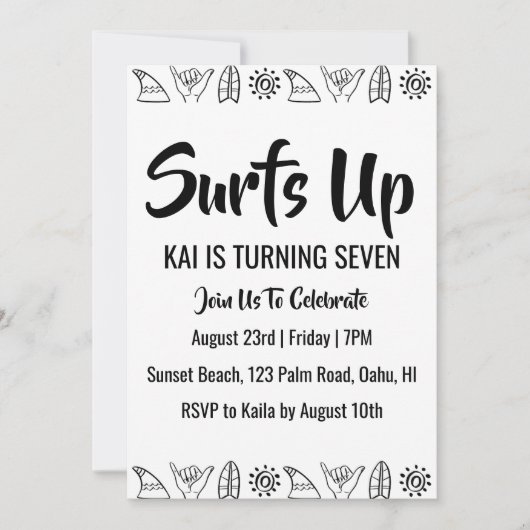 surfs up surfing plage invitations fête d'annivers (Devant)