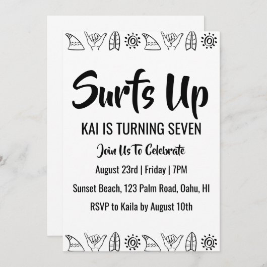 surfs up surfing plage invitations fête d'annivers (Devant / Derrière)