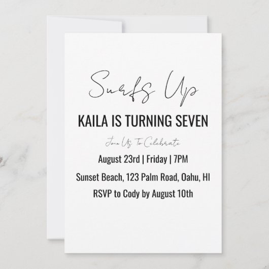surfs up surfing plage invitations fête d'annivers (Dos)