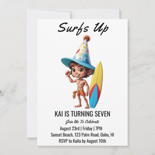 surfs up surfing plage invitations fête d'annivers (Devant)