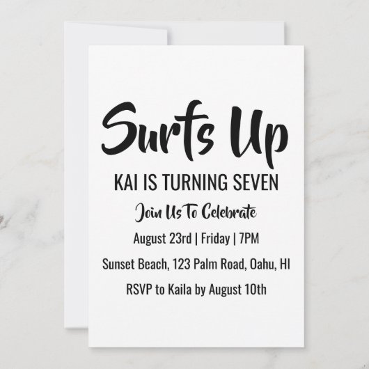 surfs up surfing plage invitations fête d'annivers (Dos)