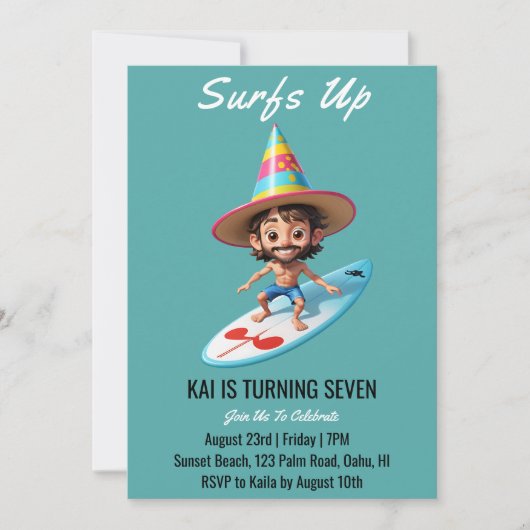 surfs up surfing plage invitations fête d'annivers (Devant)