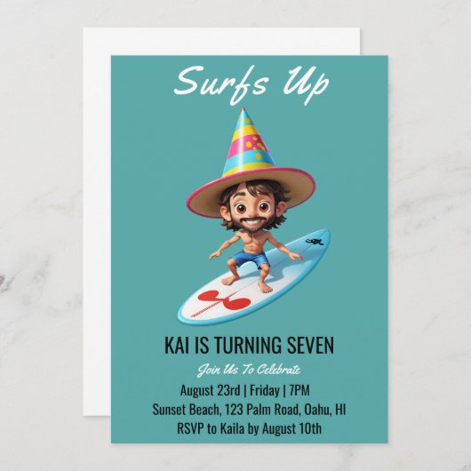 surfs up surfing plage invitations fête d'annivers (Devant / Derrière)