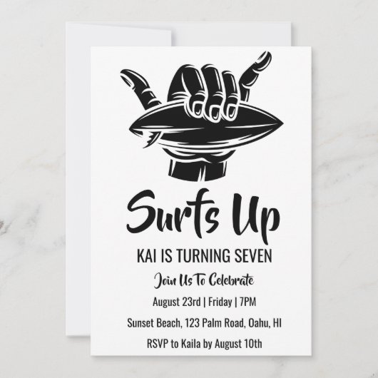 surfs up surfing plage invitations fête d'annivers (Devant)