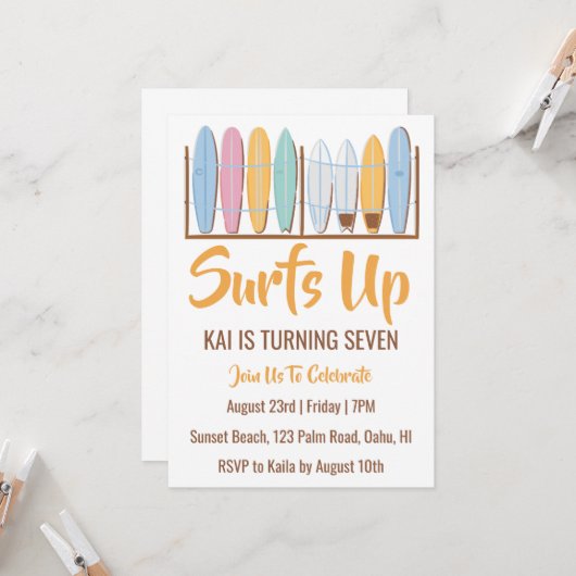 surfs up surfing plage invitations fête d'annivers (Devant/Arrière en situation)