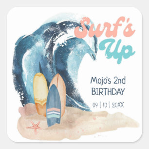 Surf's Up Tropische strand surfende kinderen ver Vierkante Sticker