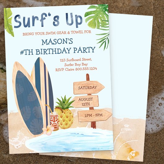 Surfs Up Verjaardagsfeest Jongens Surfboard uitnod Kaart