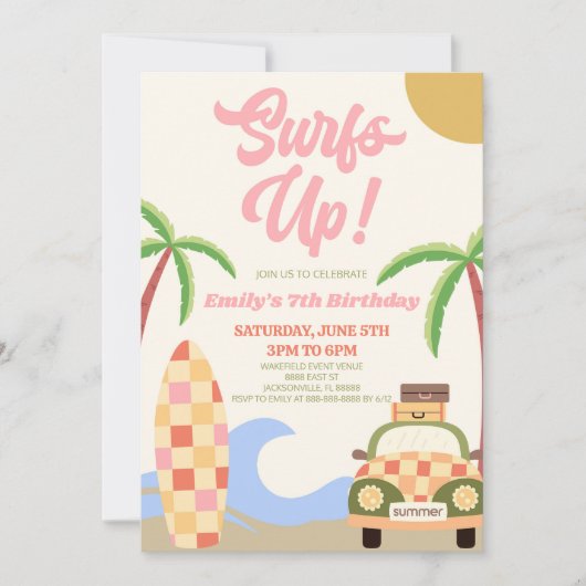 Surft omhoog! Roze Strand Surf Modern Verjaardagsf Kaart (Voorkant)