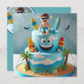 SURFT OMHOOG! SURFER KIND OP EEN TAART VERJAARDAG KAART (Voorkant / Achterkant)