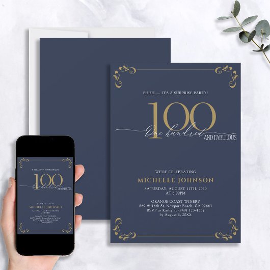 Surprise 100 & Fabulous Blue & Gold Birthday Kaart