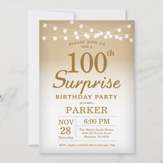 Surprise 100e anniversaire Invitation Or (Devant)