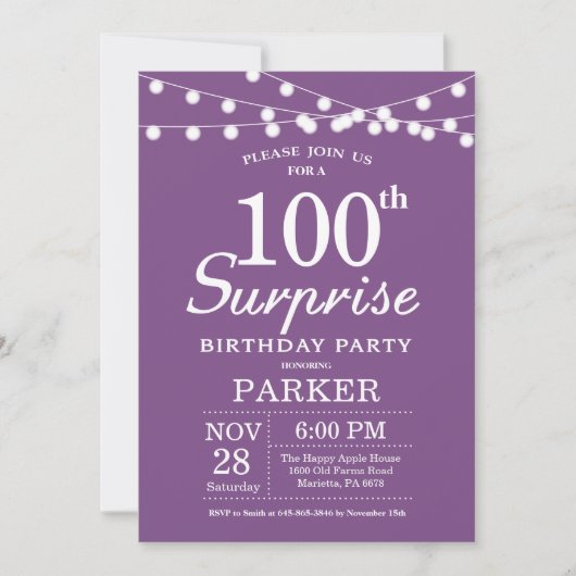 Surprise 100e anniversaire Invitation Purple Laven (Devant)