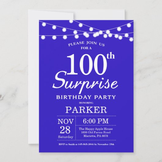 Surprise 100e anniversaire Invitation Royal Blue (Devant)