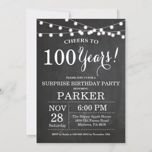 Surprise 100e anniversaire Invitation tableau de b (Devant)