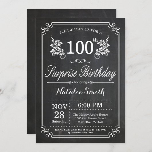 Surprise 100e anniversaire Invitation tableau de b (Devant / Derrière)