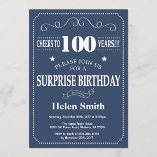 Surprise 100th Birthday Invitation Blue en Whit Kaart