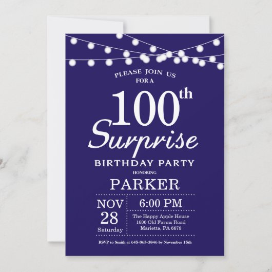 Surprise 100th Birthday Invitation Blue Kaart (Voorkant)