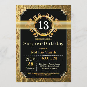 Surprise 13e anniversaire Invitation Black and Gol