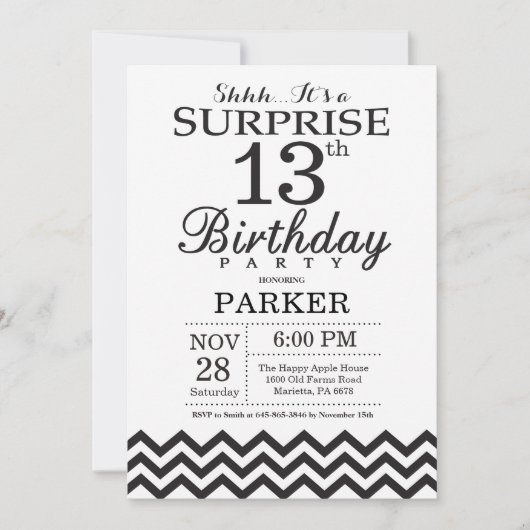 Surprise 13e anniversaire Invitation Black Chevron (Devant)