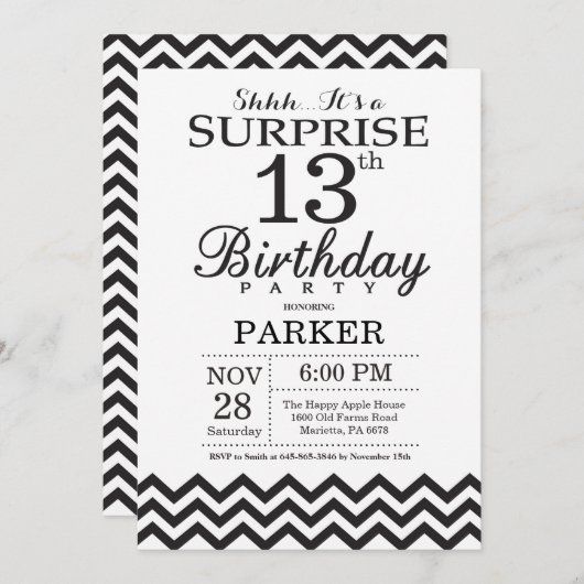 Surprise 13e anniversaire Invitation Black Chevron (Devant / Derrière)