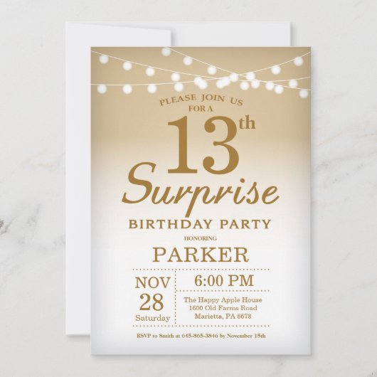 Surprise 13e anniversaire Invitation Gold (Devant)