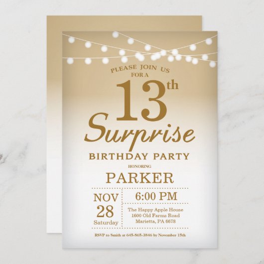 Surprise 13e anniversaire Invitation Gold (Devant / Derrière)