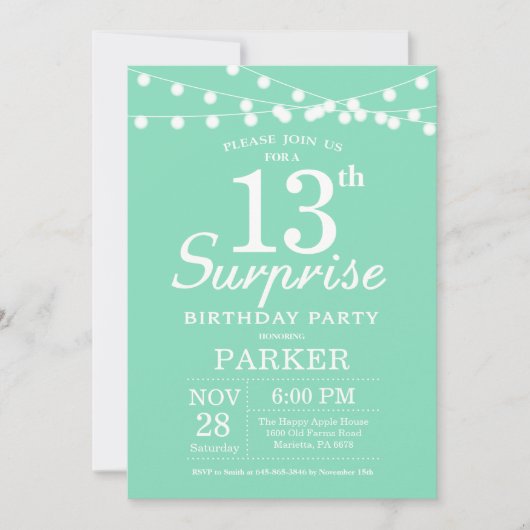Surprise 13e anniversaire Invitation Mint Green (Devant)