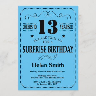 Surprise 13e anniversaire Invitation noir et bleu
