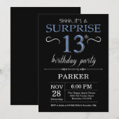 Surprise 13e anniversaire Invitation noir et bleu (Devant / Derrière)