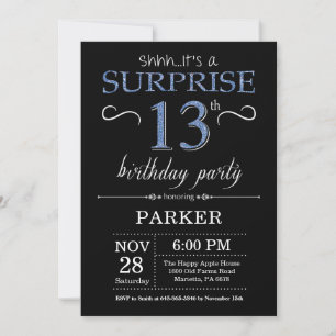 Surprise 13e anniversaire Invitation noir et bleu