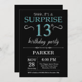 Surprise 13e anniversaire Invitation Noir et Turqu (Devant / Derrière)