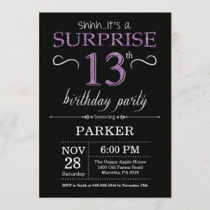 Surprise 13e anniversaire Invitation noir et viole