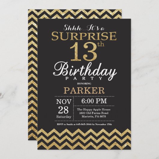 Surprise 13e anniversaire Invitation Parties scint (Devant / Derrière)